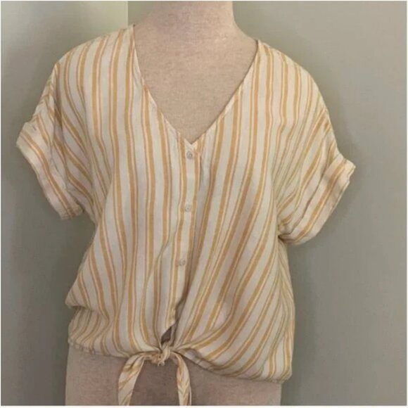 Anthropologie Cloth & Stone Yellow and White Linen Blend Stripe Shirt Size Small - Picture 1 of 7